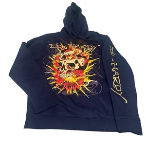 Ed Hardy Men’s Fleece Hoodie Exploding Skull Blueberry Color Size L NWT